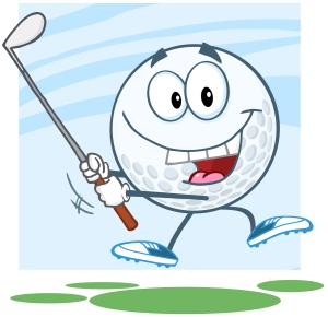 Happy Golf Ball Character Swinging A Golf Club